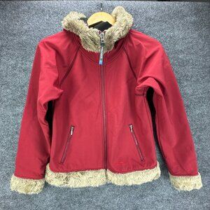 Marmot Jacket Womens Medium‎ Red Soft Shell Faux Fur Hooded Fleece Lined